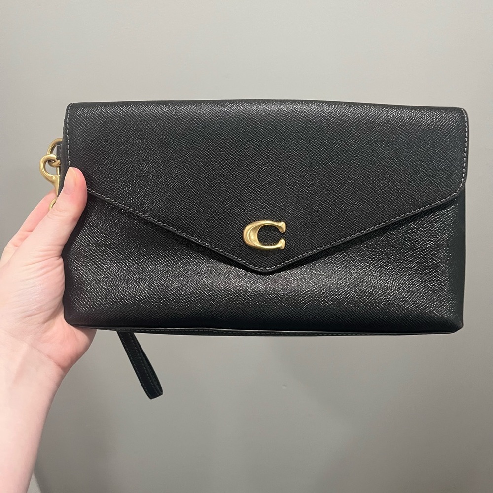 Coach Black Leather Wyn Wristlet with Gold-Tone Logo